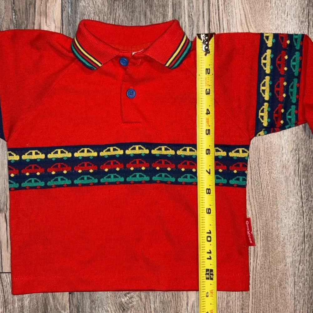 Vintage OshKosh Bgosh Kids Red Car Pattern Long Sleeve Polo Shirt 24 Months USA